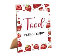 Strawberry Food Please Enjoy Sign for Baby Shower, 1 Pack Wooden Sign with Stand Tabletop Decor, Berry Sweet Baby Shower Decoration, Gender Neutral Party Supplies - WGD24