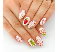 Strawberry Garden Press On Nails - Short Round Fake Nails with Frog Cherry Bow and Floral Design - 24Pcs Full Cover French Tips with Accessory Tools for Women DIY Manicure