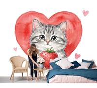 Strawberry Gray Cat Watercolor Animal Illustrations Mural Wallpaper, Grayish Red Wallpaper For Bedroom Living Room Tv Backdrop Office Hotel Corridor Background Decoration Silk Wall Paper 450X300Cm