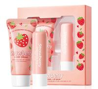 Strawberry Hand Cream & Lip Balm Set - Nourishing Moisturiser Gift Set for Dry Hands & Chapped Lips - Hydrating Skincare Set with Shea Butter & Vitamin E - Travel Size Beauty Gift Set
