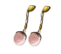 Strawberry Hand-Painted Ceramic Spoons Set of 2, Cute Long Handle Stirring Spoons for Soup, Dessert, Coffee, Tea, Beverage Mixing, Household Use(Pink*2)