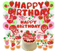 Strawberry Happy Birthday Decorations Set,Berry Theme Backdrop Party First Birthday Decor for Kids with Banner, Backdrop, Balloons,Cake Toppers, Hanging Swirl