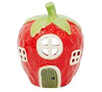 Strawberry House Tealight Holder, 15cm Red Ceramic Fairy Cottage Candle Holder with Cut-Out Windows