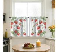 Strawberry Kitchen Curtains, Farmhouse Rustic Leaf Vine Summer Red Curtains for Small Window for Small Rv Sink Area Narrow Window 24x26 Inch