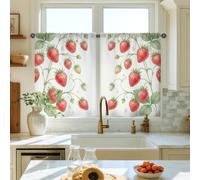 Strawberry Kitchen Curtains, Farmhouse Rustic Leaf Vine Summer Red Curtains for Small Window for Small Rv Sink Area Narrow Window 28x39 Inch
