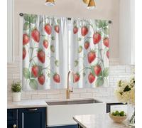 Strawberry Kitchen Curtains, Farmhouse Rustic Leaf Vine Summer Red Patterned Curtains for Laundry Room Sink Area Hallway Apartment Window Decor 26x45 Inch