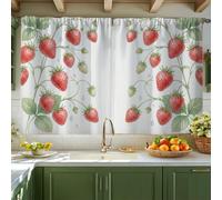 Strawberry Kitchen Curtains, Farmhouse Rustic Leaf Vine Summer Red Short Curtains for Window Window Decoration for Dining Room Breakfast Nook Sink Area 42x45 Inch
