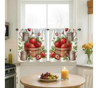 Strawberry Kitchen Curtains, Farmhouse Rustic Watering Can Pot Summer Red Light Filtering Kitchen Curtains Window Decoration for Sink Area Dining Room Bathroom 26x30 Inch