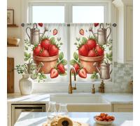 Strawberry Kitchen Curtains, Farmhouse Rustic Watering Can Pot Summer Red Short Curtains for Window Window Decoration for Sink Area Dining Room Bathroom 28x39 Inch
