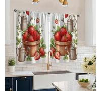 Strawberry Kitchen Curtains, Farmhouse Rustic Watering Can Pot Summer Red Sink Window Curtains for Kitchen Window Over Sink 26x45 Inch