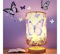 Strawberry Light, Strawberry Room Decor for Girls, 3 Color Changing LED Night Light with 9 Brightness Levels Wood Nightstand Desk Base Flaxen Fabric Shade for Bedroom Living Room (Purple Butterfly)