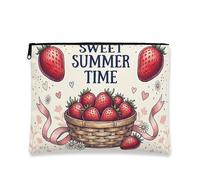 Strawberry Makeup Bag, Vintage Sweet Summer Time Cosmetic Pouch for Women, Portable Canvas Zipper Organizer, Cream, 7x9 Inch, Strawberry