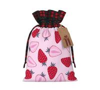 Strawberry Pattern Print Christmas Drawstring Linen Gift Bags Reusable Fabric Bags With Tags For Christmas Gifts
