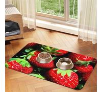 Strawberry Pattern Print Pet Food Mat Absorbent Non Slip PU Leather Feeding Mat for Dogs Cats Rubber Bottom