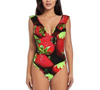 Strawberry Pattern Women's A Piece Swimsuit with Lotus Leaf Shoulder Strap,Perfect for Beach Party,Hawaii Trip