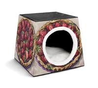 Strawberry Pie Pattern Cat Bed for Indoor Cats - Foldable Cat & Dog House with Removable Cozy Cushion, Waterproof Oxford Washable Pet House for Small Pets 13.8" X 13.8" X 11.8"