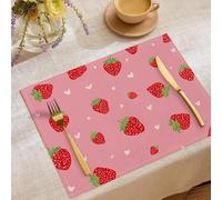 Strawberry Polka Dot Placemats for Dining Table, Set of 8 Cute Simple Fruit Washable Table Mats, Placemat for Indoor Outdoor Home Party Decor 45x30cm, Pink