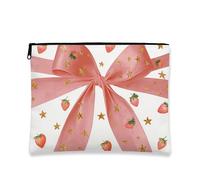 Strawberry Print Cosmetic Bag, Cute Peach Ribbon Makeup Bag for Women, Small Portable Canvas Zipper Bag, Festival Gift Bag Toiletry Jewelry, peach, 7x9 Inch, Strawberry