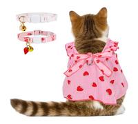 Strawberry Print Cotton Cat Dog Costumes with 2 Adjustable Collar with Bow, Kitten Outfits for Girl Cats, Pink White Pet Clothes for Small Dogs & Cats ，M
