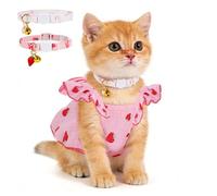 Strawberry Print Cotton Cat Dog Costumes with 2 Adjustable Collar with Bow, Kitten Outfits for Girl Cats, Pink White Pet Clothes for Small Dogs & Cats,S