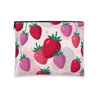 Strawberry Print Makeup Bag, Playful Floral Cosmetic Travel Pouch for Women, Portable Small Canvas Zipper Organizer, Summer Skincare Toiletry Bag, Peach, 7x9 Inch, Strawberry