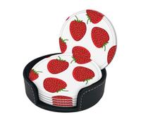 Strawberry Print Round Leather Coasters - Set Of 6, Ultra-Fiber Pu Leather