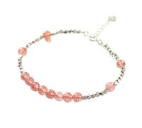 Strawberry Quartz Bracelet Natural Crystal Feng Shui Lucky Heart Charm Pendant Sterling Silver Cube Faceted Bead Adjustable Bracelet Spiritual Talisman for Love Good Luck Wealth Prosperity Cinnabar