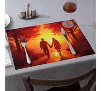 Strawberry Rug A Couple Walks Hand in On A Path Lined with Autumn Trees As The Sun Sets Dining Place Mats Yellow Placemats Pink Placemats(6PCS)