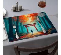 Strawberry Rug A Person Stands Under A Red Torii Gate in an Autumn Forest Dining Place Mats Yellow Placemats Pink Placemats(6PCS)