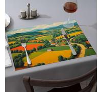 Strawberry Rug A Picturesque Countryside With Rolling Hills, Colorful Fields, And Scattered Houses. Dining Place Mats Comedor Modern Farmhouse Decor(6PCS)