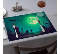 Strawberry Rug A Spooky Graveyard Under A Giant Green Moon Dining Place Mats Washable Placemats Western Tablecloth(4PCS)