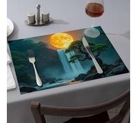 Strawberry Rug Lush Forest, Waterfall, Large Moon Dining Place Mats Yellow Placemats Pink Placemats(6PCS)