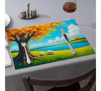 Strawberry Rug Sheep Grazing Under A Golden Tree By The River Dining Place Mats Washable Placemats Western Tablecloth(6PCS)