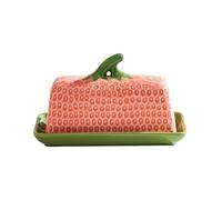 Strawberry Shaped Butter Dish, Ceramic Butter Keeper & Cheese Storage Box, Kitchen Organiser, 19.5x9.5x11.5cm, Pink