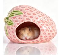 Strawberry Shaped Ceramic Hamster Hideaway, All-Season Cool Sleeping Hut, Easy-Wash Anti-Tip Small Animal Cave For Striped Hamster, Gecko, Tortoise(Pink,L)