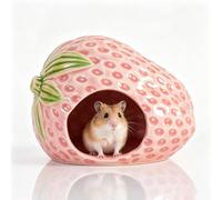 Strawberry Shaped Ceramic Hamster Hideaway, All-Season Cool Sleeping Hut, Easy-Wash Anti-Tip Small Animal Cave For Striped Hamster, Gecko, Tortoise(Pink,S)