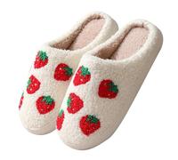 Strawberry Slipper for Women Ladies Winter Cozy Soft Plush Thermal Funny Cute Cartoon Fruit Graphic Slippers Non Slip Sherpa Lining Indoor Fuzzy Slides Halloween Christmas Fuzzy Slip-On Shoes White