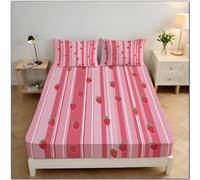 Strawberry Stripes Single Size Fitted Sheet 90x190x30 cm, Cute Cartoon Microfiber Fitted Bed Sheets Soft Breathable Bedding with Extra Deep Pocket 30 Cm, Pink