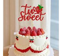 Strawberry Sweet Two Birthday Cake Topper Glitter 2st First Cake Pick Decoration Cupcake Topper for Fruit Theme Baby Shower Kids Birthday Party Supplies