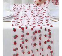 Strawberry Table Runner, 75x180cm Shiny Glitter Tulle Table Cloth, Spring Summer Fruit Strawberry Themed Tablecloth for Birthday Party Kitchen Dining Home Decor