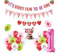 Strawberry Theme 1st Birthday Decorations Girl Strawberry Sweet One Foil Balloons Cake Topper High Chair Banner its Berry Fun to be One Banner for Berry Sweet First Birthday Party