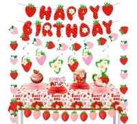 Strawberry Theme Party Decorations - happy Birthday Banner, "Sweet One" Tablecloth, Hanging Swirls, Honeycomb Centerpieces and Garland - Cute Strawberry Party Supplies for Baby First Birthday