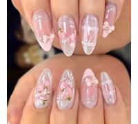 Strawberry Themed False Nails Press Nails with Cats Eye Effect 30Pcs Almond Shape for Parties Modern Floral Designs
