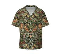 (Strawberry Thief (Pattern) - William Morris _4589) Men's Hawaiian Shirts Cuban Collar Vintage Bowling Short Sleeve Button Down Beach Shirt Casual Summer Vacation Wear Retro Tee