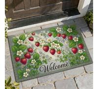 Strawberry Welcome Door Mat, Spring Floral Flower Leaf Spring Red Washable Low Profile Under Doormat Rug for Home Indoor Outdoor Entryway Porch Decor 29x17 Inch