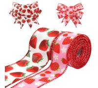 Strawberry Wired Ribbon 2Rolls - 10Yards, Red and White Strawberry Fabric Ribbon Roll Fruit Theme for Baby Shower, Gift Wrapping, Spring Summer Party Wreaths, DIY Crafts, Trims, Hair Bow Making