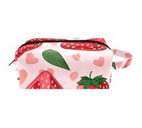 Strawberry with Green Leaves Pink Hearts Women Cosmetic Bag Beauty Bag, Portable Hanging Travel Toiletry Bag, Leather Make Up Pouch Kids Pencil Case