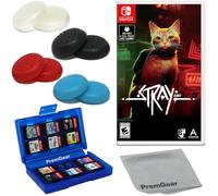 Stray for Nintendo Switch (US Version), with PremGear Thumb Grips (8 pack - Black, Blue, Red & Clear), 24 Slot Game Card Holder & Cleaning Cloth