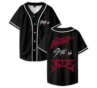 Stray Kids Ate Chk Chk Boom Baseball Jersey Tops Short Sleeve Button-up Shirts Women Men Streetwear Tee (Black,S)