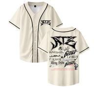 Stray Kids Ate Tracklist Merch Baseball Jersey Tops Short Sleeve Button-up Shirts Women Men Streetwear Tee (Beige,S)